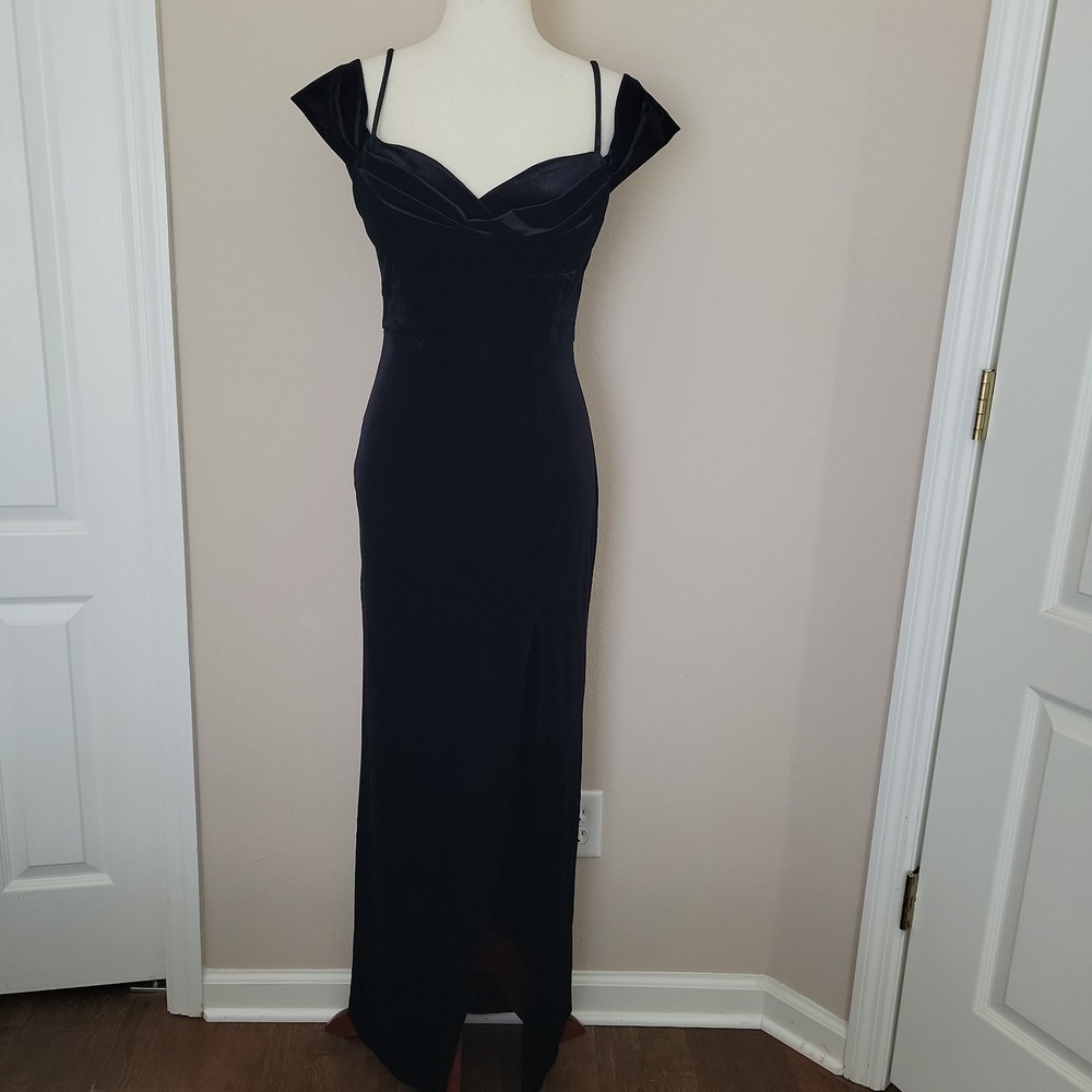 Vtg B Darlin Juniors Black Velvet Gown Dress Size M Slit 90s Y2K Whimsigoth Hoco
